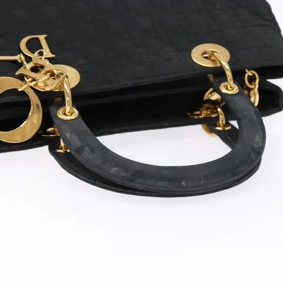 Christian Dior Lady Dior Canage Hand Bag Nylon Black Gold Auth ep10577